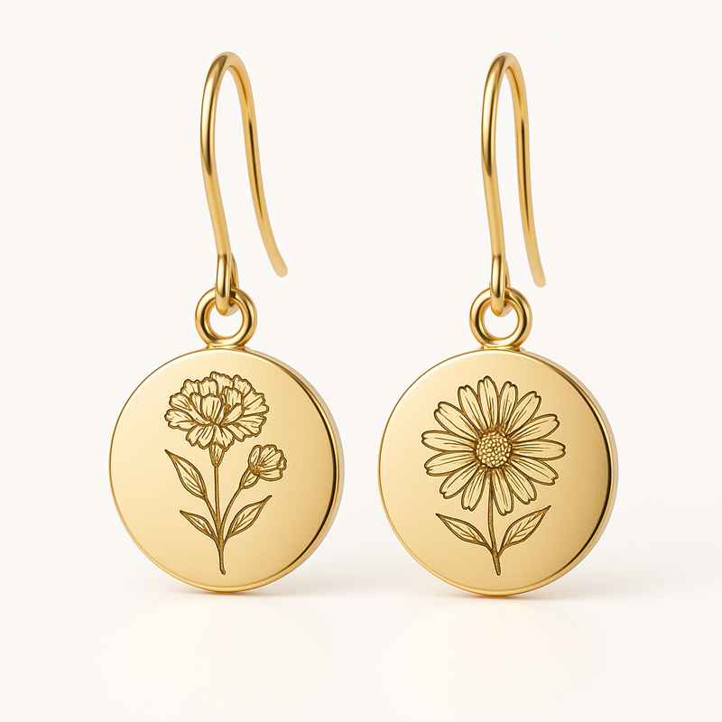 Custom Stainless Steel Birth Flower Earrings - Gold Floral Drop Dangle Earrings