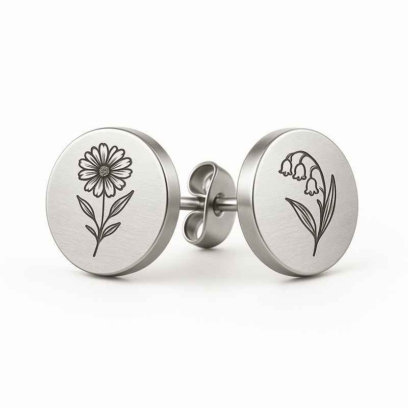 Custom Stainless Steel Birth Flower Earrings - Personalized Floral Stud Earrings for Birth Month