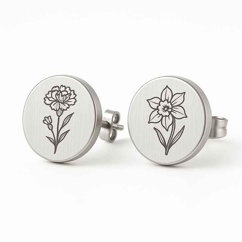 Custom Stainless Steel Birth Flower Earrings – Personalized Floral Stud Earrings by Birth Month