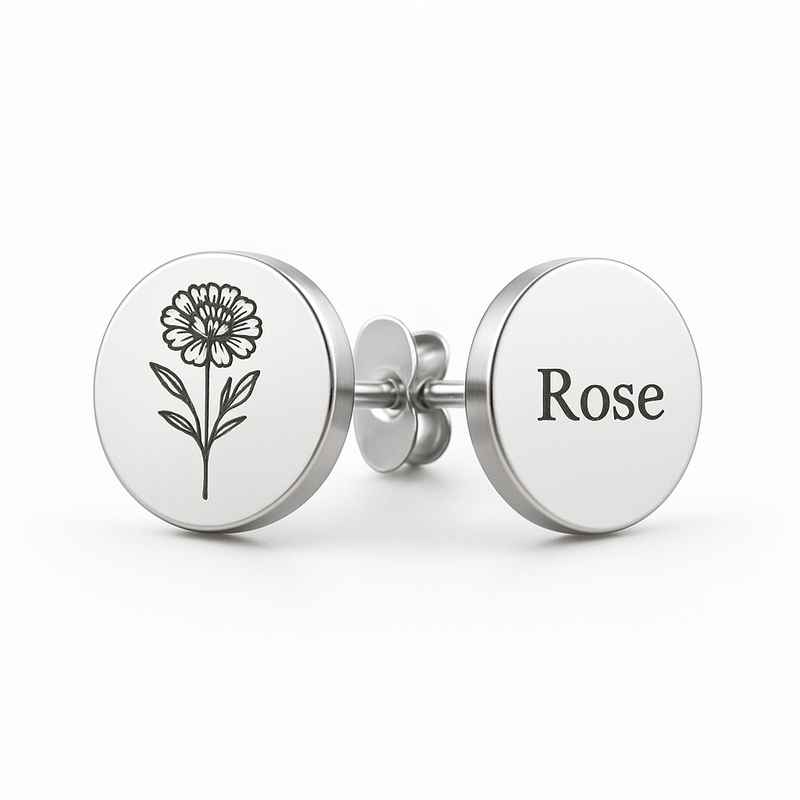 Custom Stainless Steel Birth Flower Earrings - Personalized Floral Stud Earrings