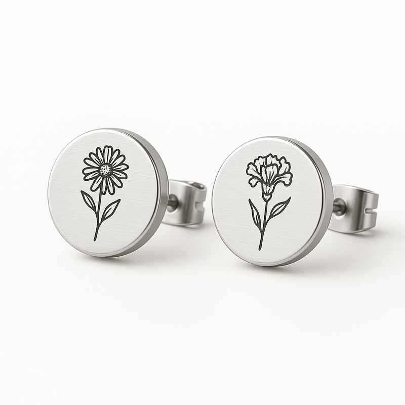 Custom Stainless Steel Birth Flower Earrings - Floral Stud Earrings by Birth Month