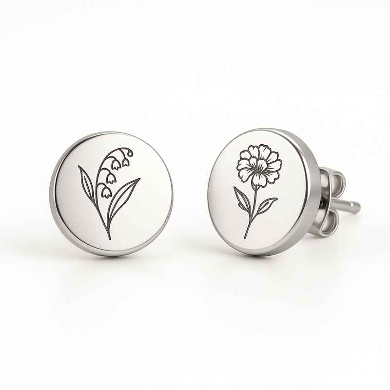 Custom Stainless Steel Birth Flower Earrings - Personalized Floral Stud Earrings by Birth Month