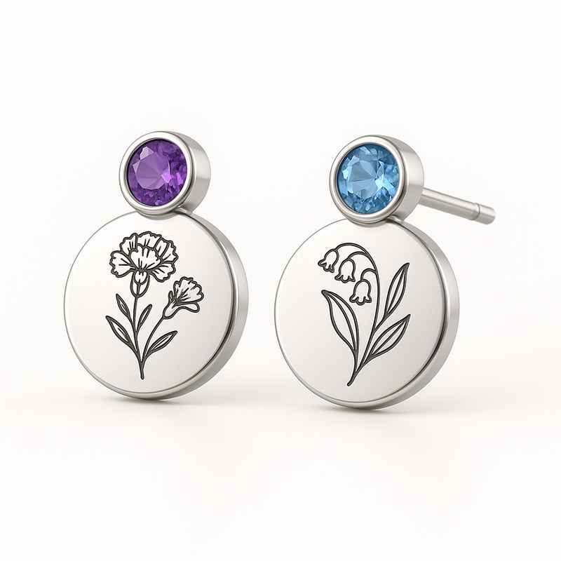 Custom Stainless Steel Birth Flower Earrings - Personalized Floral Birthstone Studs
