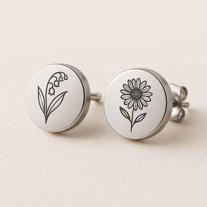 Custom Stainless Steel Birth Flower Earrings Personalized Floral Studs