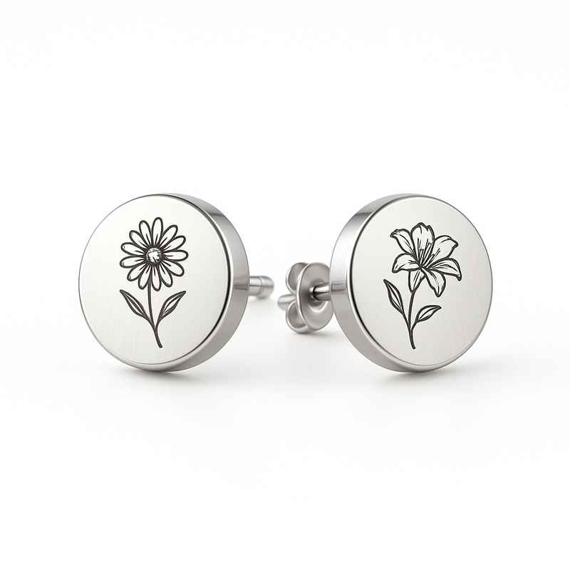 Custom Stainless Steel Birth Flower Earrings - Floral Stud Earrings for Birth Month