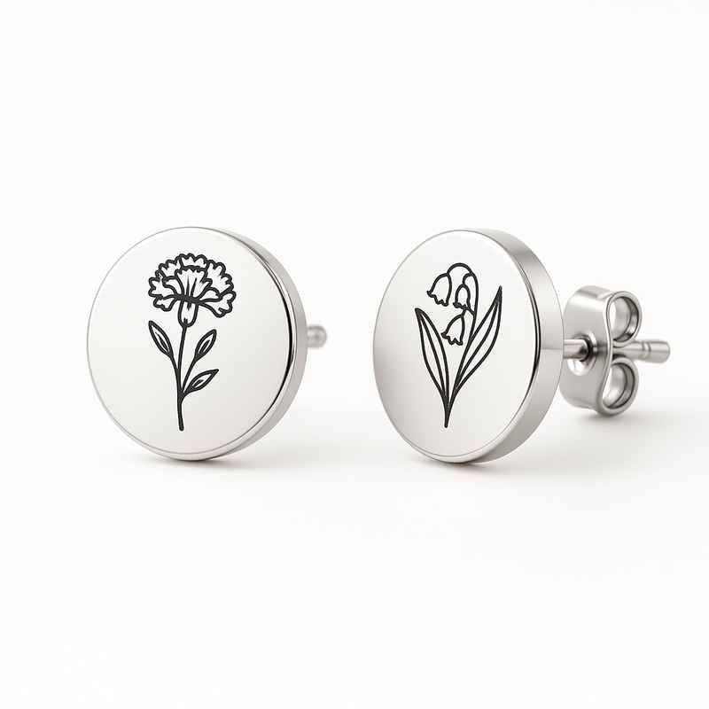 Custom Stainless Steel Birth Flower Earrings - Floral Studs by Birth Month