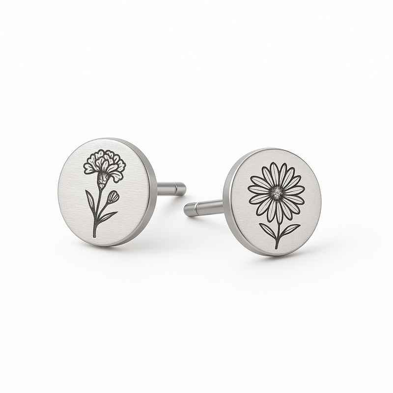 Custom Stainless Steel Birth Flower Earrings - Personalized Floral Studs