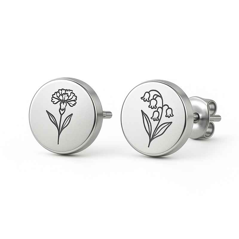 Custom Stainless Steel Birth Flower Earrings - Personalized Floral Studs