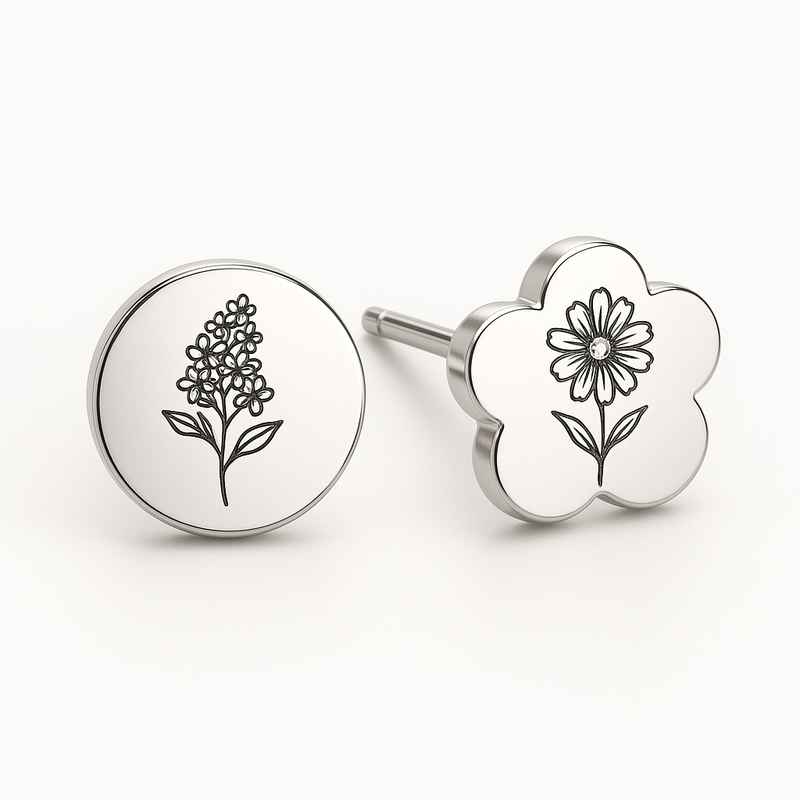 Custom Stainless Steel Birth Flower Earrings - Personalized Floral Stud Earrings