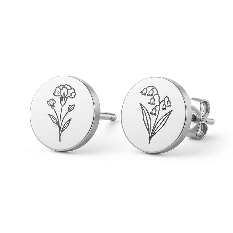 Custom Stainless Steel Birth Flower Earrings - Personalized Floral Stud Earrings