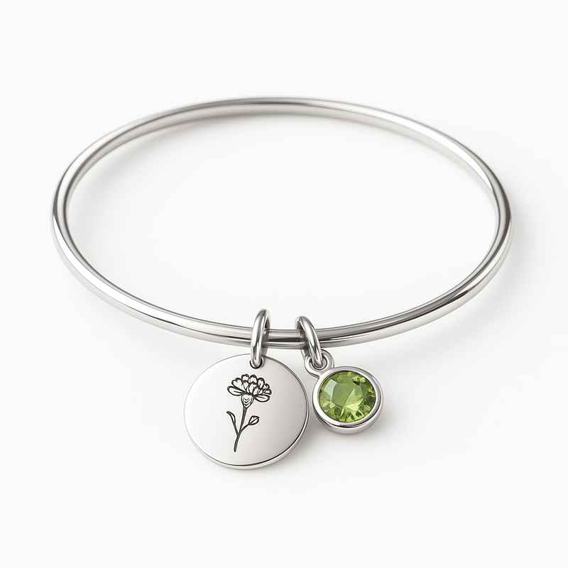 Custom Stainless Steel Birth Flower Bracelet with Birthstone Charm