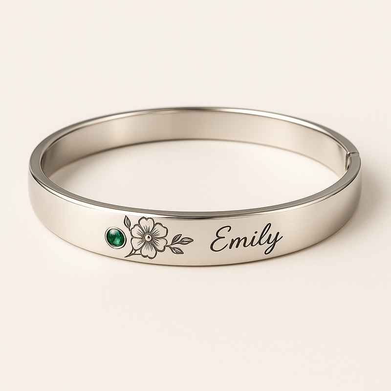 Custom Stainless Steel Birth Flower Bracelet with Personalized Birthstone