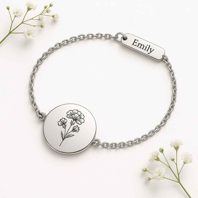 Custom Stainless Steel Birth Flower Bracelet - Personalized Floral Birthday Jewelry