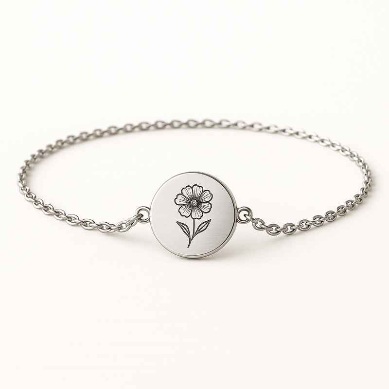Custom Stainless Steel Birth Flower Bracelet – Personalized Floral Birthday Gift