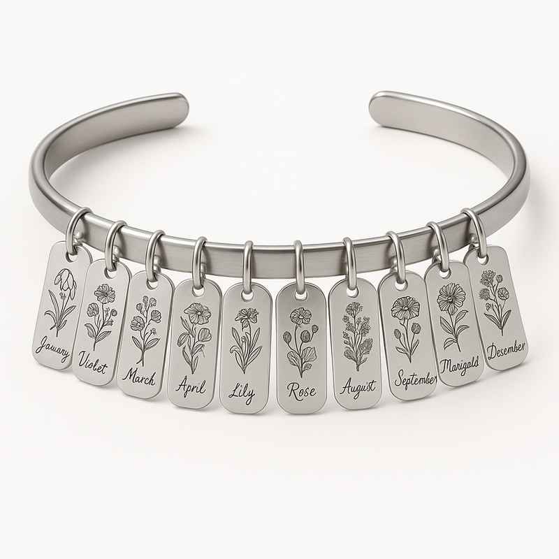 Custom Stainless Steel Birth Flower Bracelet - Personalized Floral Design 1 Custom Stainless Steel Birth Flower Bracelet - Personalized Floral Design
