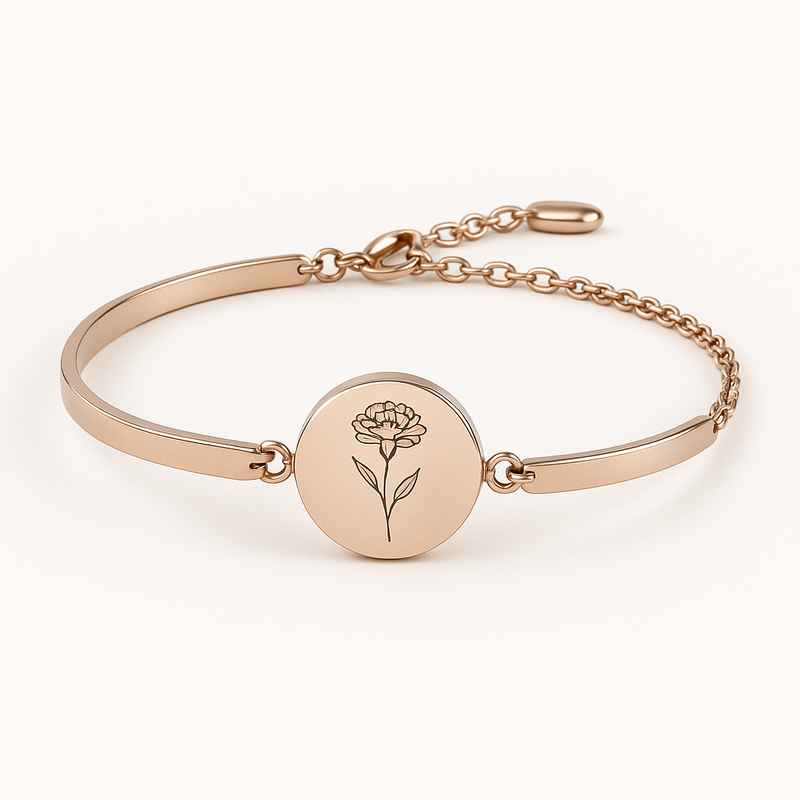 Custom Stainless Steel Birth Flower Bracelet - Personalized Floral Gift