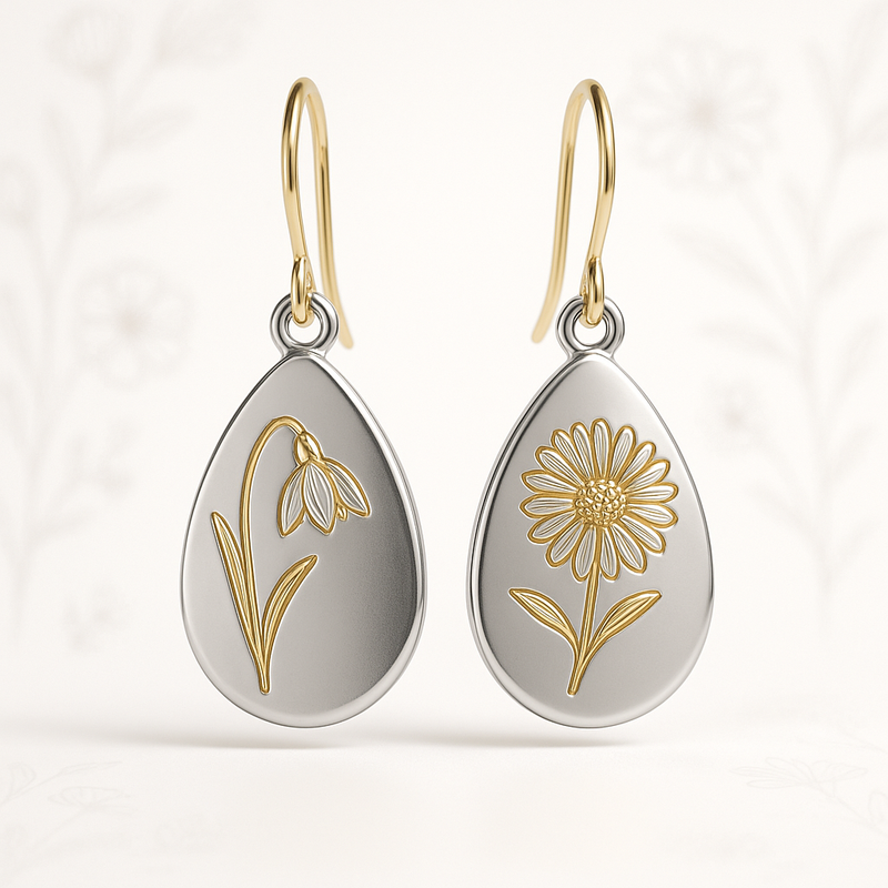 Custom Stainless Steel Birth Flower Earrings: Wholesale Personalized Dangle Birth Flower Jewelry with Gold Birth Month Floral Drop Designs