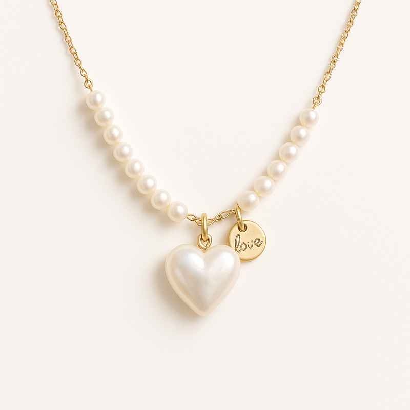Dainty Romantic Pearl Heart Necklace with Engraved Love Charm 2 Dainty Romantic Pearl Heart Necklace with Engraved Love Charm