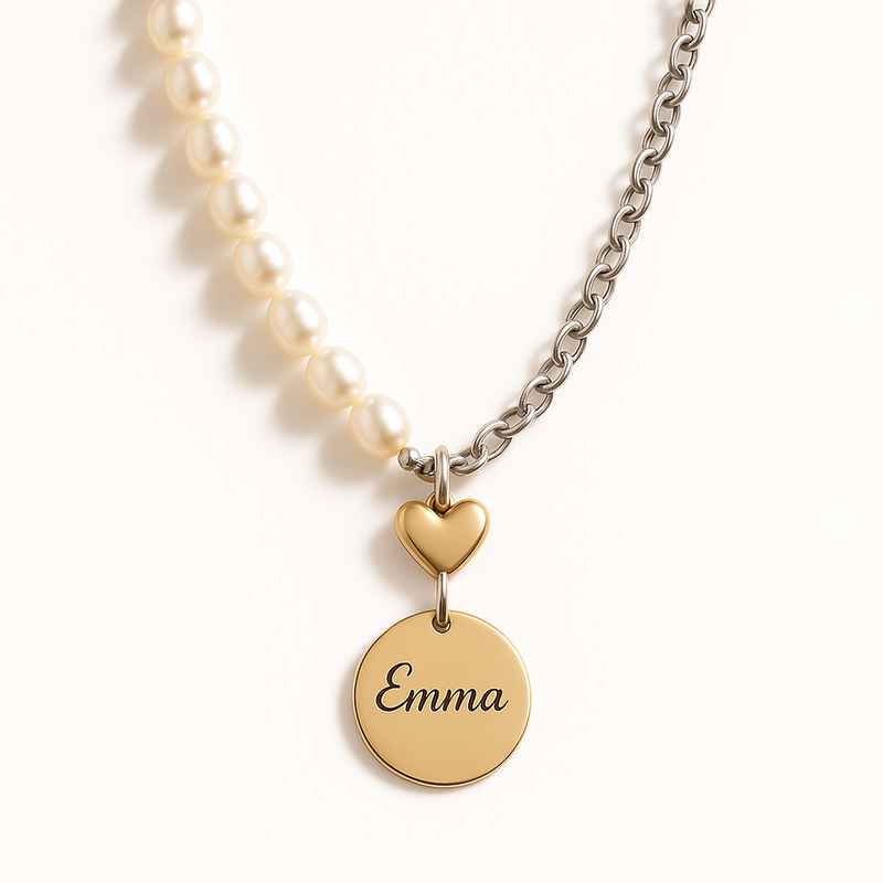 Dainty Romantic Necklace with Personalized Engraving Pearl Necklace and Stainless Steel Love Heart Charm 2 Dainty Romantic Necklace with Personalized Engraving Pearl Necklace and Stainless Steel Love Heart Charm