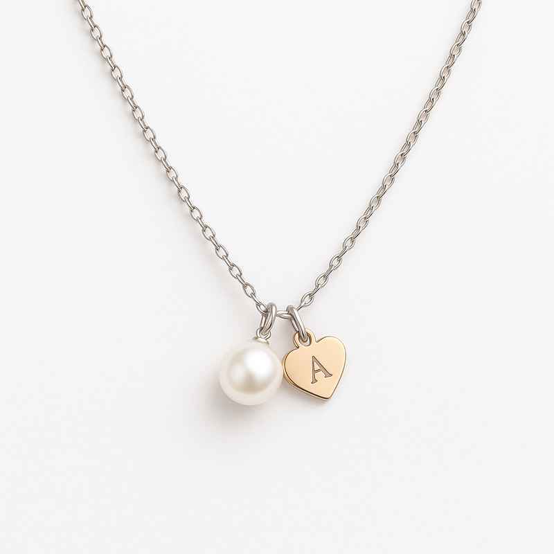 Dainty Romantic Necklace with Personalized Heart Charm and Stainless Steel Pearl Engraving 2 Dainty Romantic Necklace with Personalized Heart Charm and Stainless Steel Pearl Engraving