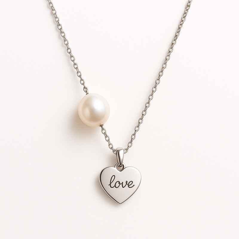 Dainty Personalized Pearl Necklace with Engraved Love Heart Pendant 2 Dainty Personalized Pearl Necklace with Engraved Love Heart Pendant