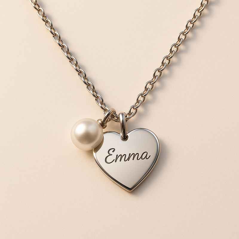 Dainty Pearl Heart Charm Necklace, Personalized Engraved Stainless Steel Necklace 1 Dainty Pearl Heart Charm Necklace, Personalized Engraved Stainless Steel Necklace