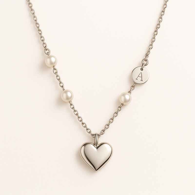 Dainty Heart Charm Necklace: Personalized Pearl & Romantic Stainless Steel Necklace 1 Dainty Heart Charm Necklace: Personalized Pearl & Romantic Stainless Steel Necklace