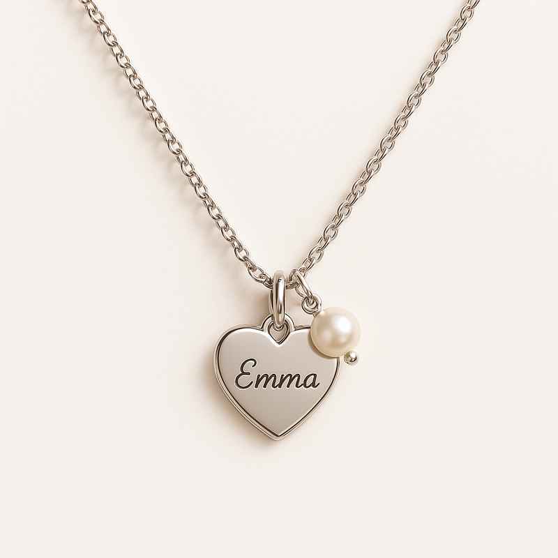 Dainty Romantic Necklace with Personalized Engraving Heart & Pearl Charm 2 Dainty Romantic Necklace with Personalized Engraving Heart & Pearl Charm