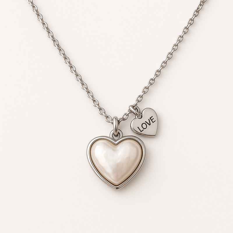 Dainty Romantic Personalized Pearl Heart Necklace, Stainless Steel Love Heart Charm Necklace 2 Dainty Romantic Personalized Pearl Heart Necklace, Stainless Steel Love Heart Charm Necklace