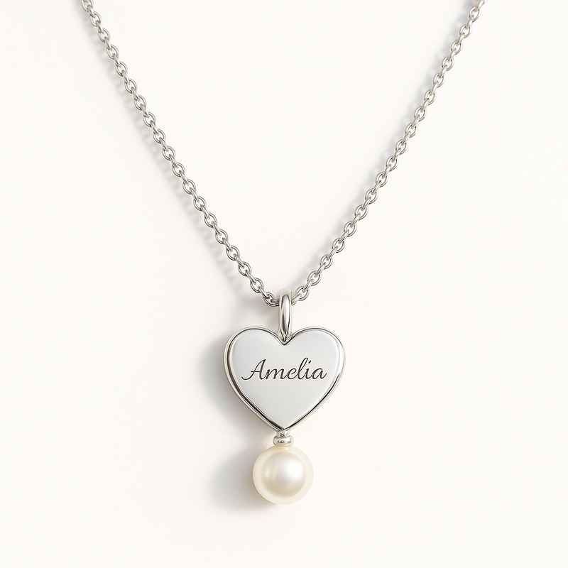 Dainty Romantic Heart Charm Necklace with Personalized Engraving Pearl