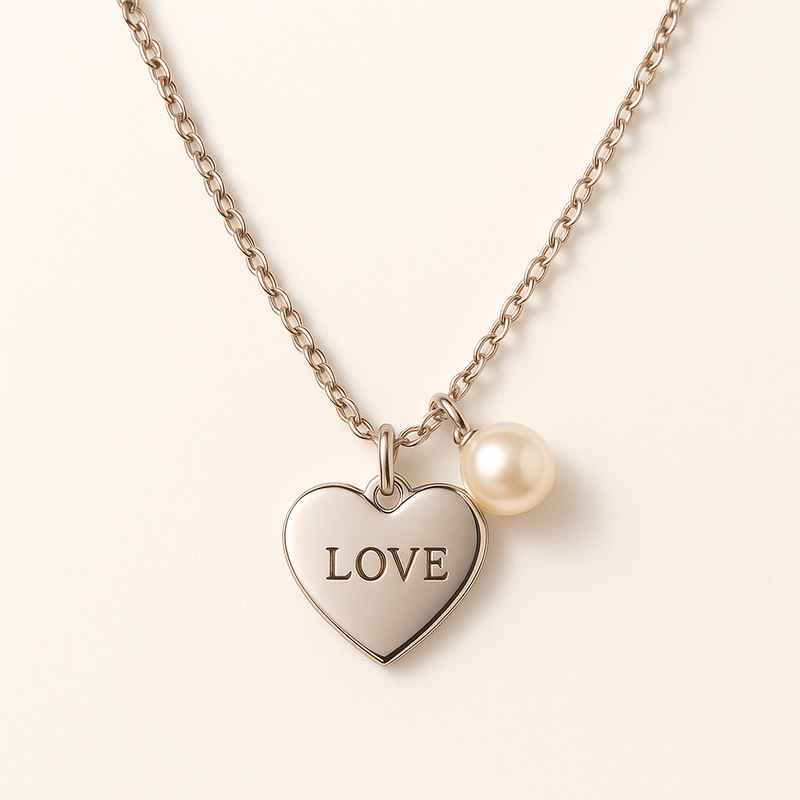 Dainty Romantic Heart Charm Necklace with Personalized Pearl Love Design and Stainless Steel Engraved Heart