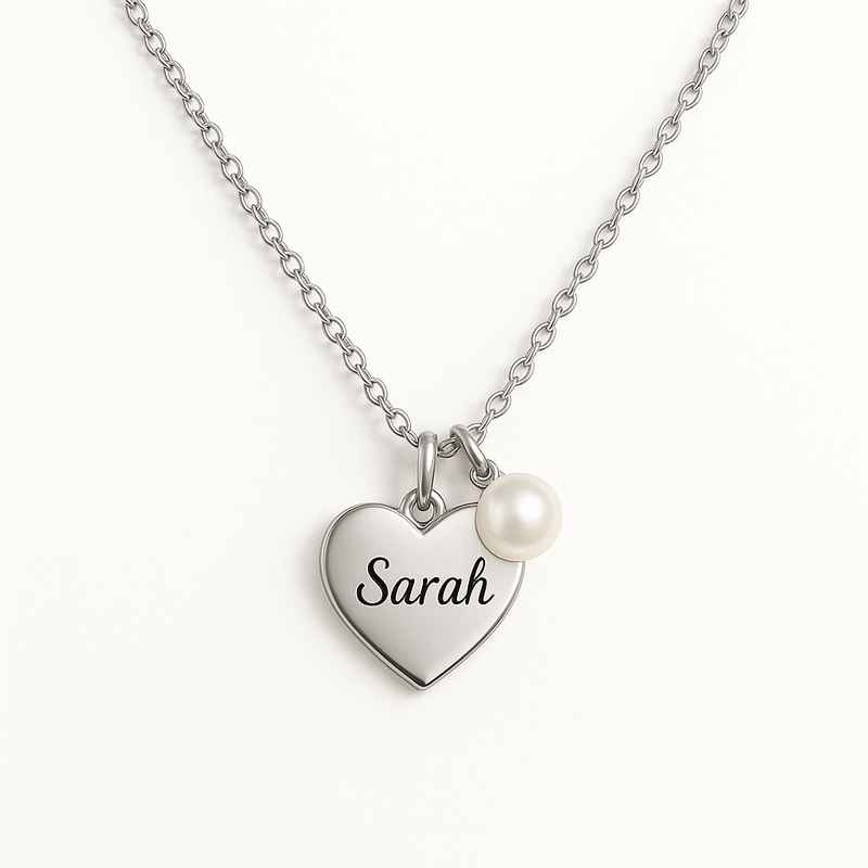 Dainty Heart Charm Necklace: Personalized Pearl Love Necklace, Engraved Stainless Steel 1 Dainty Heart Charm Necklace: Personalized Pearl Love Necklace, Engraved Stainless Steel