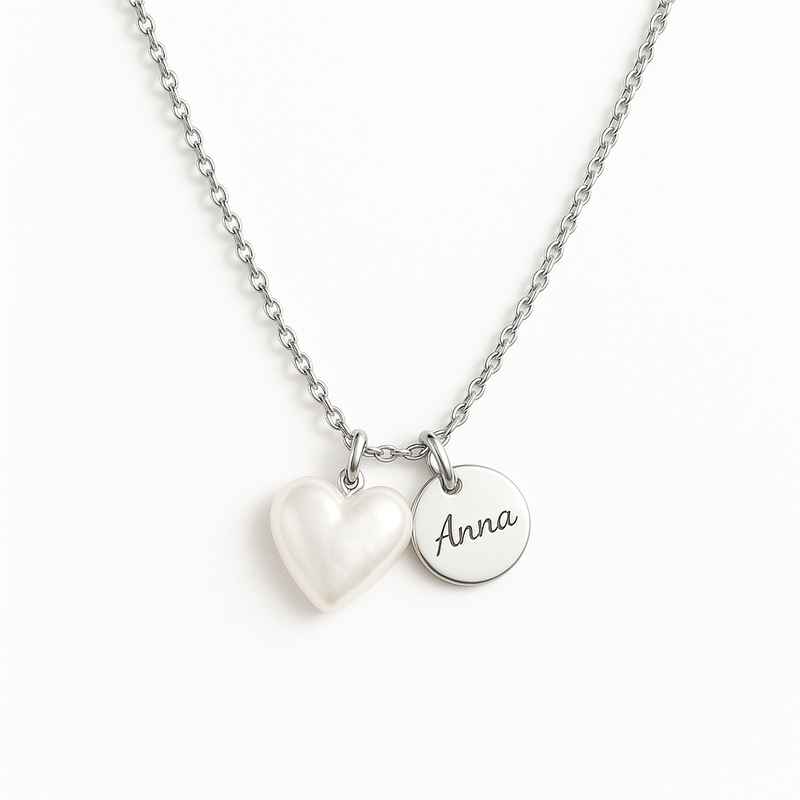 Dainty Romantic Necklace Personalized Pearl Heart Necklace Stainless Steel Engraved Charm Necklace