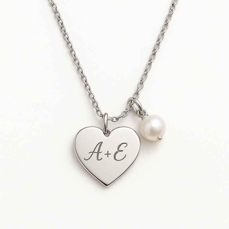 Dainty Romantic Necklace with Personalized Engraving Heart & Pearl Charm 1 Dainty Romantic Necklace with Personalized Engraving Heart & Pearl Charm