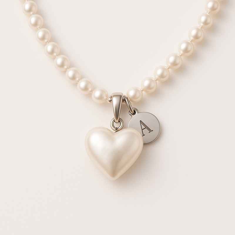 Dainty Romantic Pearl Heart Necklace with Personalized Stainless Steel Charm