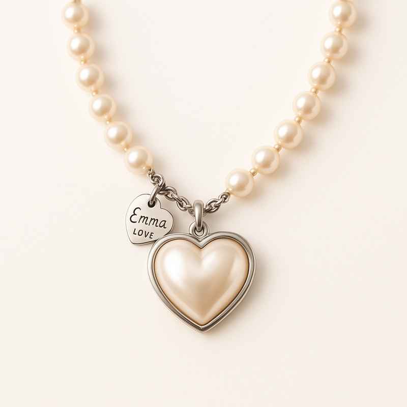Dainty Romantic Personalized Pearl Heart Necklace with Engraved Love Charm