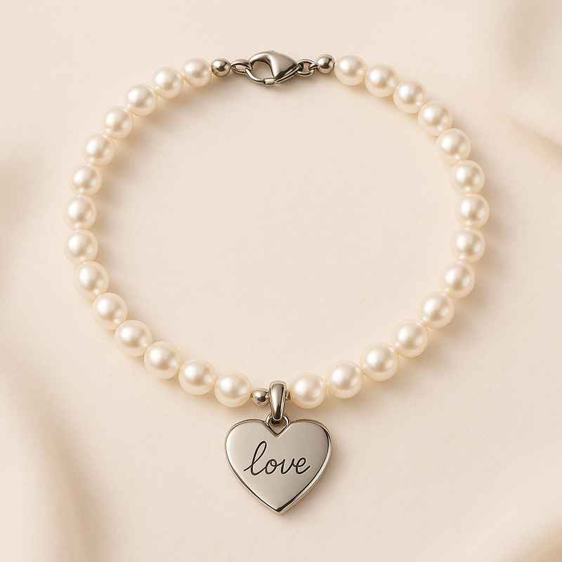 Dainty Romantic Pearl Necklace with Personalized Engraving Charm and Stainless Steel Love Heart Pendant