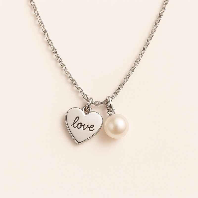 Dainty Heart Charm Necklace with Personalized Stainless Steel Pearl and Romantic Engraved Love Heart