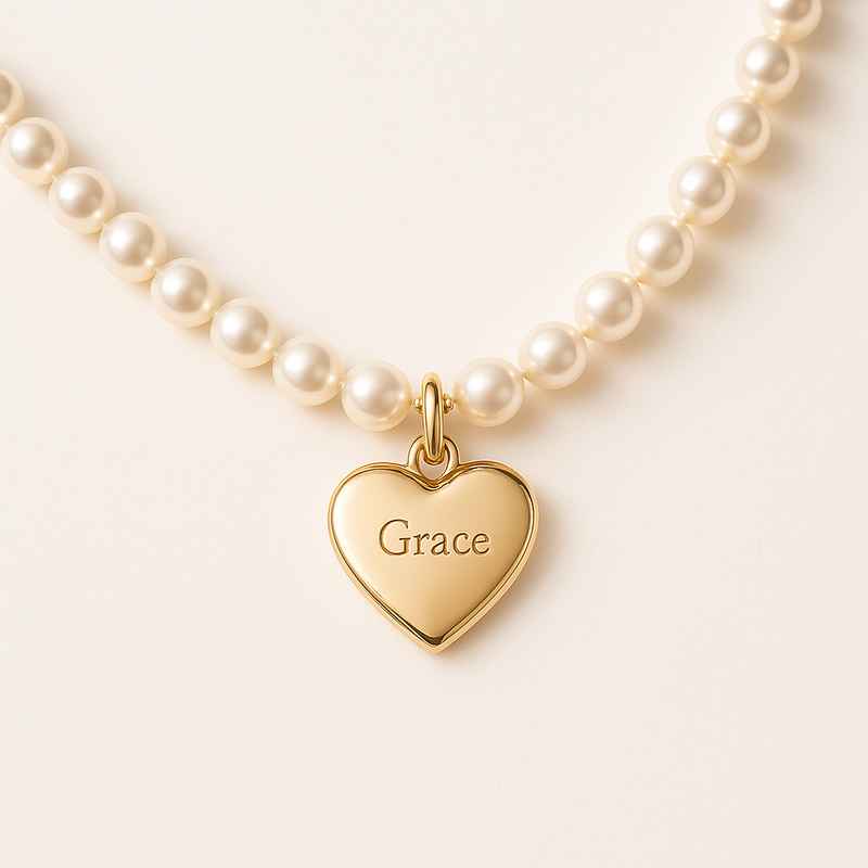 Dainty Romantic Pearl Necklace with Personalized Engraving Heart Charm