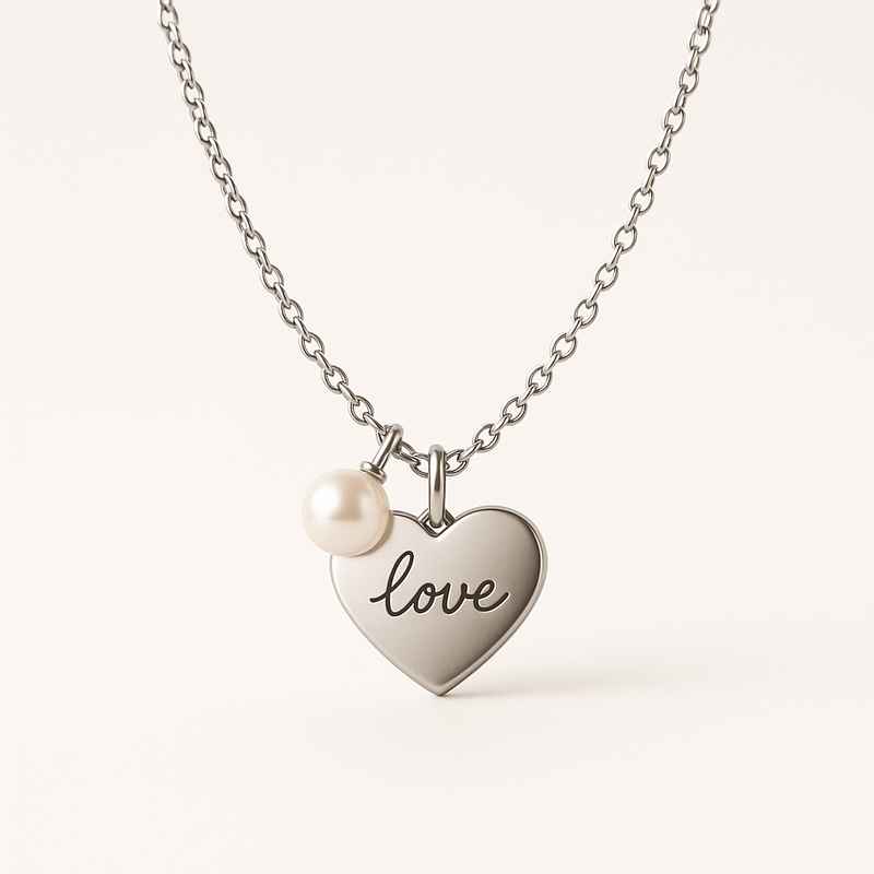Dainty Stainless Steel Heart Necklace with Personalized Pearl Charm and Romantic Engraved Love Pendant