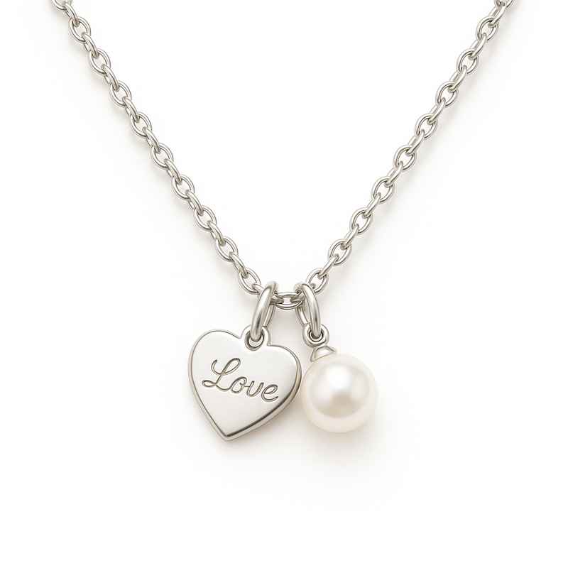 Dainty Romantic Personalized Pearl Heart Necklace with Love Charm