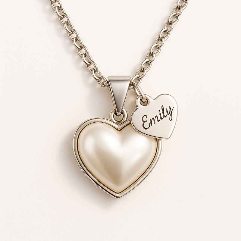 Dainty Romantic Personalized Pearl Heart Necklace - Stainless Steel Engraved Love Heart Charm Necklace