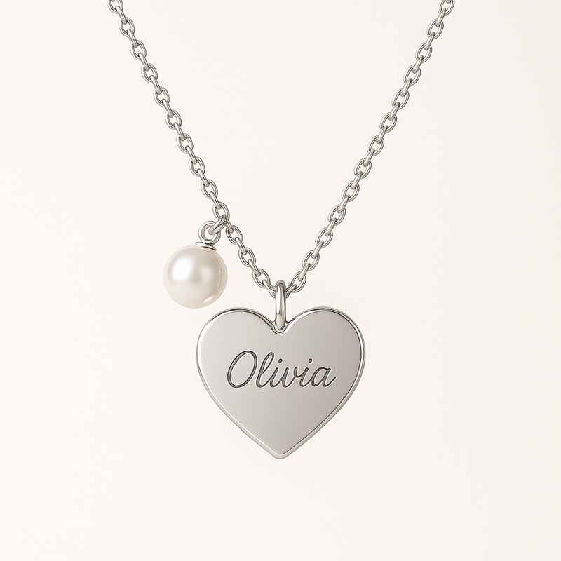 Dainty Heart Charm Necklace with Personalized Engraving & Pearl