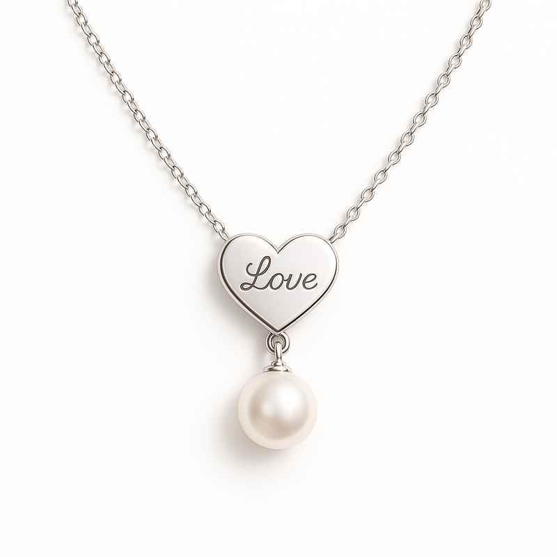 Dainty Romantic Personalized Pearl Heart Necklace with Custom Engraving