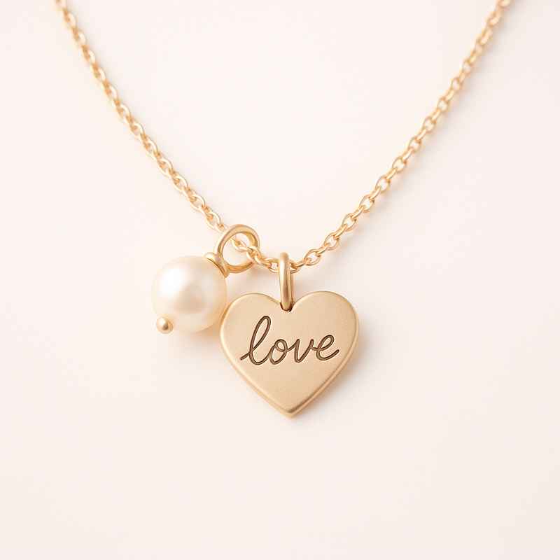 Dainty Romantic Heart Necklace with Personalized Pearl Charm and Engraved Love Design