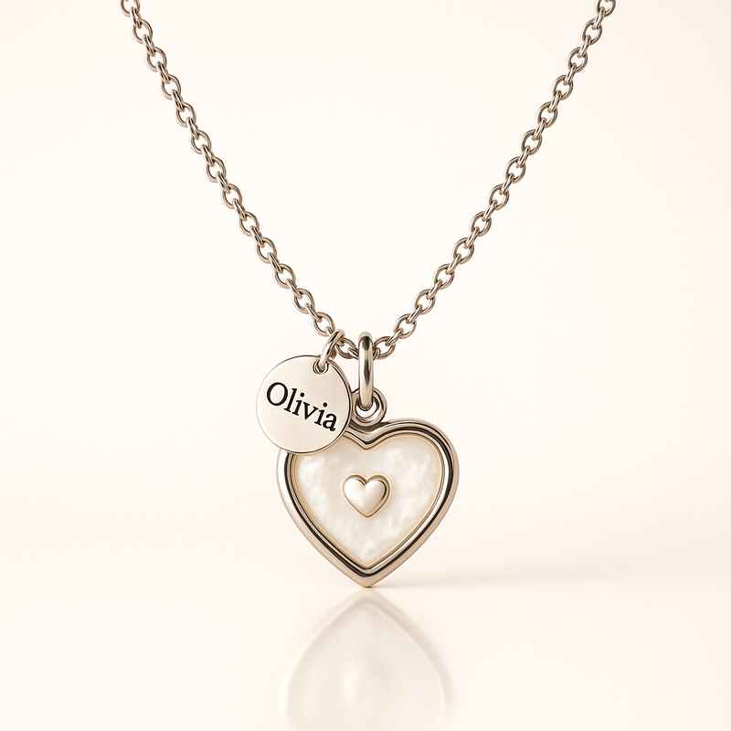 Dainty Romantic Necklace with Personalized Stainless Steel Charm & Pearl Love Heart Engraving