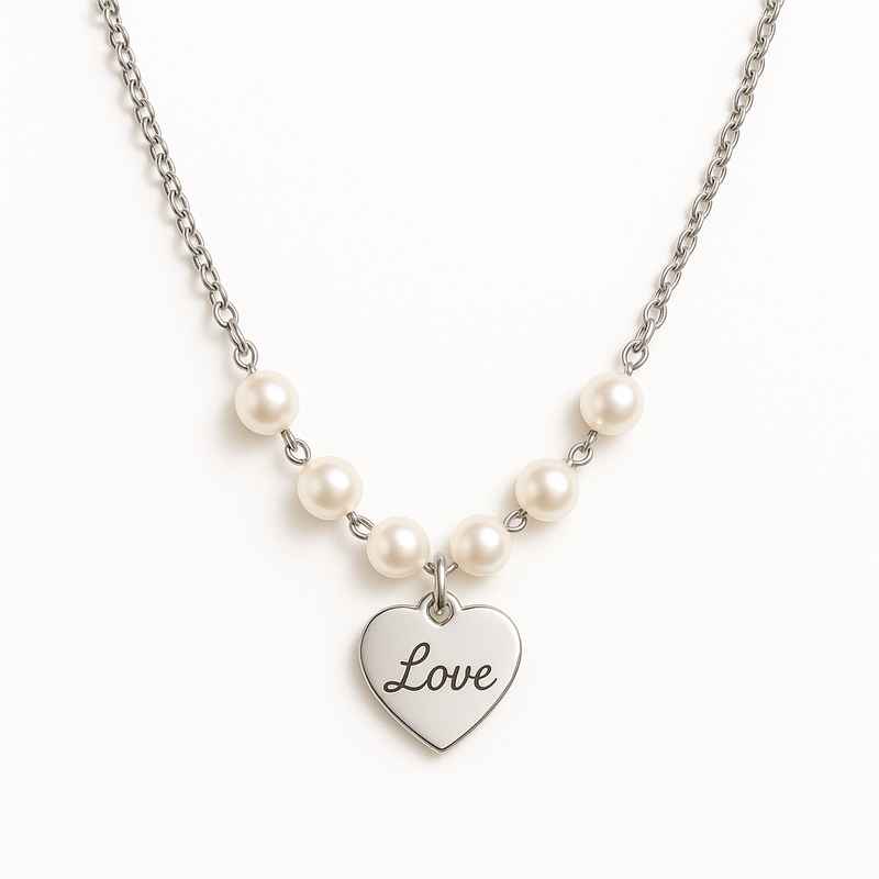 Dainty Romantic Necklace Personalized Engraving Pearl Necklace Stainless Steel Love Heart Charm Necklace