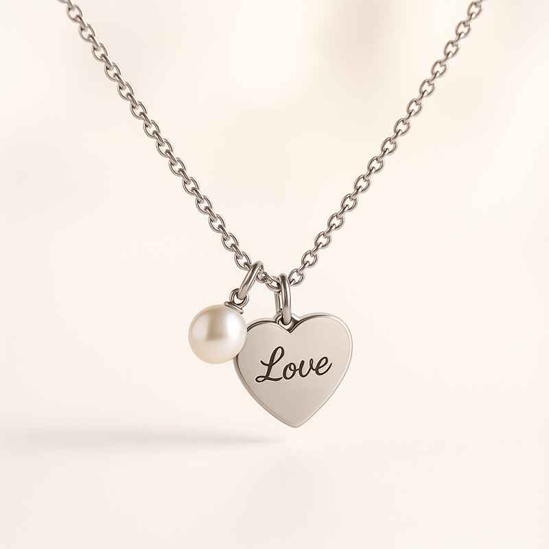 Dainty Romantic Pearl Necklace with Personalized Stainless Steel Love Heart