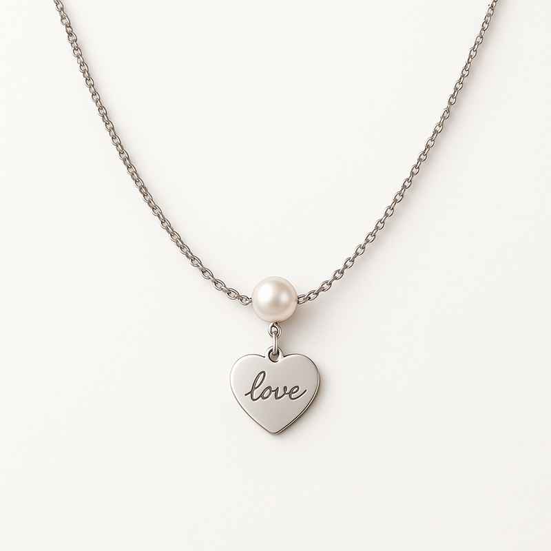 Dainty Heart Charm Necklace, Personalized Stainless Steel Pearl Necklace, Romantic Engraved Love Necklace
