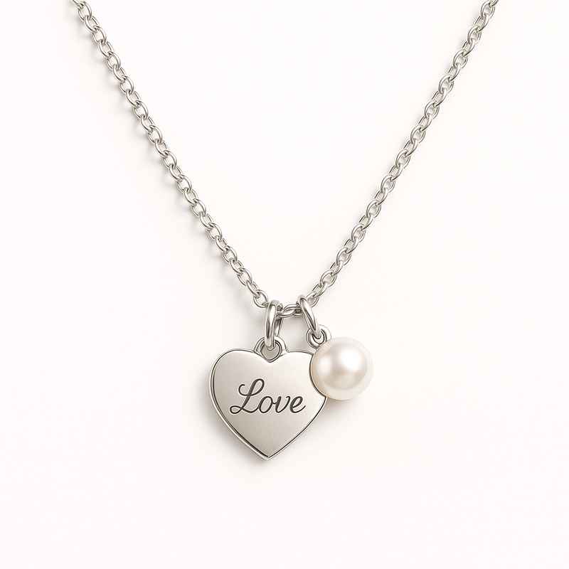 Dainty Romantic Pearl Necklace with Personalized Engraving Heart Charm Stainless Steel Love Heart Necklace